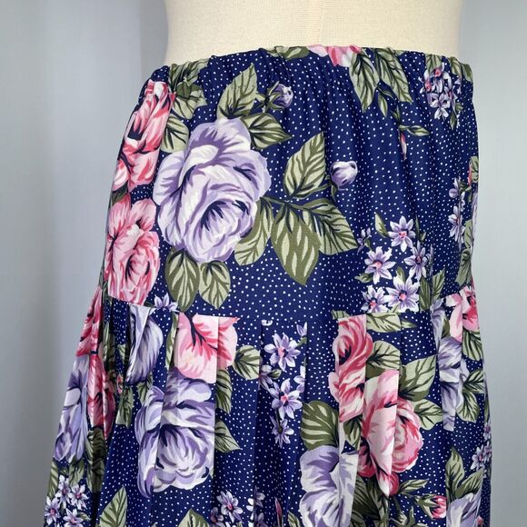 Vintage Pleated Skirt Womens Size 12 Navy Blue Rose Floral A Line Knee Length - Picture 3 of 14